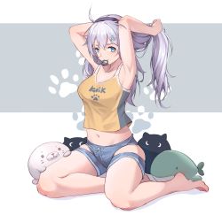 Rule 34 | 1girl, absurdres, ahoge, armpits, arms up, bankongping, bare arms, bare legs, bare shoulders, barefoot, benghuai xueyuan, blue eyes, blue shorts, breasts, crop top, grey background, hair between eyes, hair ornament, hair tie in mouth, hairband, highres, honkai (series), honkai impact 3rd, kiana kaslana, long hair, looking at viewer, medium breasts, midriff, mouth hold, navel, paw print, purple hairband, shadow, short shorts, shorts, silver hair, sitting, smile, solo, stomach, stuffed animal, stuffed toy, stuffed whale, tank top, thighs, two-tone background, white background, yellow tank top, yokozuwari