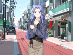 Rule 34 | 00s, 1girl, blue hair, blush, casual, elf, fate/hollow ataraxia, fate/stay night, fate (series), game cg, long hair, long skirt, long sleeves, medea (fate), official alternate costume, pointy ears, skirt, solo, takeuchi takashi, type-moon