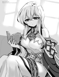 Rule 34 | 1girl, bare shoulders, book, breasts, commentary request, dress, fire emblem, fire emblem: genealogy of the holy war, holding, holding book, julia (fire emblem), large breasts, long hair, monochrome, nintendo, open book, open mouth, reading, sash, sitting, solo, wide sleeves, yukia (firstaid0)