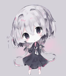 Rule 34 | 10s, 1girl, :o, bad id, bad pixiv id, barefoot, black dress, black eyes, black sailor collar, blush, chibi, commentary request, cottontailtokki, dress, full body, grey background, grey hair, grey neckwear, hair between eyes, head tilt, konno junko, long hair, long sleeves, looking at viewer, low twintails, parted lips, sailor collar, sailor dress, sidelocks, sleeves past wrists, solo, standing, translation request, twintails, very long hair, zombie land saga