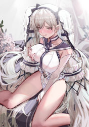 Rule 34 | 1girl, :q, azur lane, between legs, blush, breasts, bridal gauntlets, choker, commentary request, dress, feet out of frame, formidable (azur lane), formidable (timeless classics) (azur lane), grabbing own breast, hand between legs, heart, heart-shaped pupils, highres, large breasts, long hair, looking at viewer, nail polish, nineye, official alternate costume, red nails, silver hair, sitting, solo, symbol-shaped pupils, tongue, tongue out, twintails, veil, very long hair, white dress