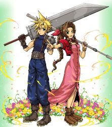 Rule 34 | 1boy, 1girl, aerith gainsborough, armor, bandages, belt, blonde hair, blue eyes, blue pants, blue shirt, boots, bracelet, braid, breasts, brown hair, buster sword, buttons, choker, cleavage, cloud strife, couple, cropped jacket, curly hair, dress, field, final fantasy, final fantasy vii, flower, flower field, full body, garakuta (chika), gloves, green eyes, holding, holding weapon, jacket, jewelry, long dress, long hair, materia, necklace, pants, pink dress, pink flower, pointing, popo (popochan-f), purple flower, red jacket, ribbon, ringlets, scratching cheek, shirt, shoulder armor, spiked hair, square enix, staff, suspenders, turtleneck, unbuttoned dress, uniform, weapon, white flower, yellow flower