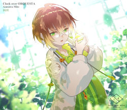 Rule 34 | 1boy, azusawa mito, brown hair, child, clock over orquesta, coat, earrings, glasses, green eyes, green shirt, greenhouse, highres, jewelry, long sleeves, looking at viewer, male focus, open mouth, plant, sazanami misa, shirt, short hair, single earring, solo, white coat