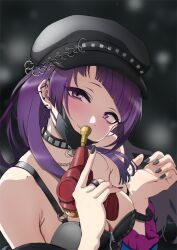 Rule 34 | 1girl, armpit crease, asteria (driftingprhp), black hat, black mask, black nails, blunt bangs, bracelet, breasts, bubble gun, cabbie hat, cleavage, collar, diagonal bangs, ear piercing, hat, highres, holding, holding toy, idolmaster, idolmaster shiny colors, jewelry, light blush, long hair, looking at viewer, mask, mask pull, medium breasts, mouth mask, nail polish, off shoulder, piercing, purple eyes, purple hair, ring, single strap, smile, solo, studded collar, tanaka mamimi, toy, upper body