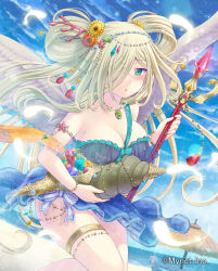 Rule 34 | 1girl, :o, armlet, beach, beach umbrella, beads, blonde hair, blue skirt, blue sky, bow, bracelet, breasts, carrying, cleavage, conch, day, dutch angle, falkyrie no monshou, flower, gem, green eyes, hair beads, hair flower, hair ornament, hair over one eye, hair rings, jewelry, large breasts, long hair, looking at viewer, necklace, official art, outdoors, seashell, shell, shell hair ornament, skirt, sky, sleeveless, solo, soukuu kizuna, standing, starfish, tassel, thighhighs, umbrella, wand, watermark, white thighhighs