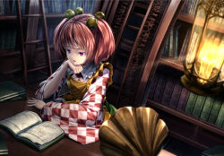 Rule 34 | 1girl, apron, arm support, bell, book, bookshelf, character name, checkered clothes, checkered kimono, clothes writing, elbow rest, forbidden scrollery, hair bell, hair ornament, head rest, indoors, japanese clothes, kimono, ladder, lamp, library, light particles, long sleeves, motoori kosuzu, open book, open mouth, phonograph, reading, red eyes, red hair, romaji text, ryosios, short hair, solo, table, touhou, twintails, two side up, upper body