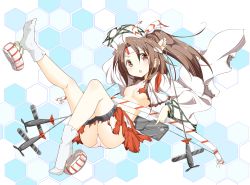 Rule 34 | 10s, 1girl, arrow (projectile), bow (weapon), breasts, brown hair, cleavage, convenient censoring, feet, hair ribbon, hakama, hakama short skirt, hakama skirt, hamaken. (novelize), high ponytail, highres, holding, holding weapon, japanese clothes, kantai collection, long hair, open mouth, panties, pink panties, red hakama, ribbon, skirt, small breasts, socks, solo, torn clothes, torn hakama, torn socks, underwear, weapon, white ribbon, white socks, zuihou (kancolle)