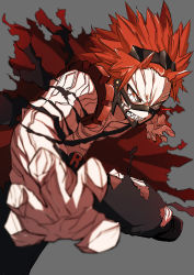 Rule 34 | 1boy, blurry, boku no hero academia, claw pose, clenched teeth, commentary request, depth of field, fingernails, forehead, glowing, glowing eyes, grey background, hair horns, headgear, highres, kirishima eijirou, leg up, looking at viewer, male focus, matsumotoshinnnosuke, orange eyes, outstretched arm, pants, red hair, sanpaku, serious, sharp fingernails, sharp teeth, topless male, short hair, simple background, solo, spiked hair, teeth, torn clothes, torn pants