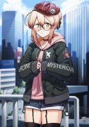 Rule 34 | 1girl, ahoge, alternate costume, artoria pendragon (fate), bespectacled, black jacket, black ribbon, black thighhighs, blonde hair, blue shorts, blue sky, braid, building, cityscape, clothes writing, cowboy shot, day, denim, denim shorts, fate/grand order, fate (series), french braid, garter straps, glasses, hair bun, hair ribbon, highres, hood, hood down, hoodie, jacket, kosumi, long sleeves, mysterious heroine x alter (fate), outdoors, pink hoodie, plaid headwear, ribbon, short shorts, shorts, single hair bun, sky, skyscraper, solo, standing, thighhighs, yellow eyes