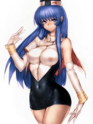 Rule 34 | 1girl, bare legs, bare shoulders, blue eyes, blue hair, breasts, covered erect nipples, covered navel, elbow gloves, fumio (rsqkr), gloves, hat, kidou senkan nadesico, large breasts, light smile, long hair, looking at viewer, matching hair/eyes, misumaru yurika, no legwear, simple background, skirt, smile, solo, thighs, white background, wide hips