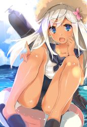 Rule 34 | 10s, 1girl, blue eyes, blush, crop top, fang, flower, hair flower, hair ornament, hat, highres, kantai collection, lifebuoy, long hair, looking at viewer, open mouth, partially visible vulva, ro-500 (kancolle), sailor collar, school swimsuit, school uniform, serafuku, shikinyan, silver hair, solo, straw hat, swim ring, swimsuit, swimsuit under clothes, tan, tanline, torpedo