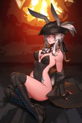 Rule 34 | 1girl, alternate costume, animal ears, ascot, bare shoulders, black coat, black gloves, black thighhighs, bloodborne, blue eyes, blush, boots, breasts, coat, commentary, covered navel, cross-laced footwear, detached collar, english commentary, fake animal ears, fingerless gloves, full body, gloves, hair over one eye, hat, high heel boots, high heels, highres, knee boots, lady maria of the astral clocktower, leotard, less, logo, low ponytail, medium breasts, off shoulder, playboy bunny, rabbit ears, rabbit tail, sideless outfit, silver hair, sitting, solo, tail, thighhighs, tricorne