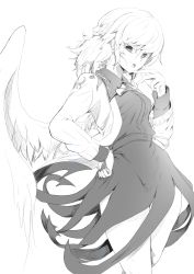 Rule 34 | 1girl, bow, bowtie, dress, greyscale, hand on own hip, jacket, kishin sagume, long sleeves, maxwell manzoku, monochrome, open clothes, open mouth, shirt, short hair, single wing, sketch, solo, touhou, wings