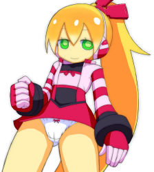 Rule 34 | 1girl, android, blonde hair, call (mighty no. 9), call f, dress, eyebrows, fingerless gloves, gloves, green eyes, hairband, headphones, highres, jacket, long hair, mighty no. 9, no humans, panties, ponytail, ribbon, robot, shirt, simple background, smile, solo, underwear, white background