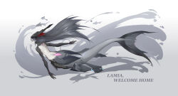 Rule 34 | 1girl, absurdres, android, back, black hair, blue eyes, cdlo, closed mouth, commentary, english commentary, english text, floating hair, full body, grey tail, hair between eyes, headgear, highres, lamia (punishing: gray raven), long hair, looking at viewer, mechanical arms, mechanical tail, mermaid, mermaid costume, monster girl, pale skin, punishing: gray raven, solo, tail, white background