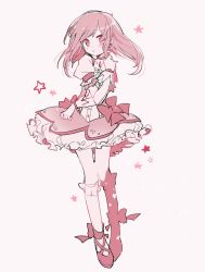 Rule 34 | 1girl, alternate hairstyle, ankle ribbon, blush, breasts, bubble skirt, choker, collarbone, dot nose, expressionless, floating hair, frilled skirt, frilled sleeves, frilled socks, frills, full body, gloves, hair down, hand on own stomach, hand up, kaname madoka, leg ribbon, looking at viewer, mahou shoujo madoka magica, mahou shoujo madoka magica (anime), medium breasts, parted lips, pink background, pink choker, pink footwear, pink hair, pink neckwear, pink ribbon, pink theme, pipi o (pipioo08), puffy short sleeves, puffy sleeves, ribbon, short sleeves, simple background, skirt, socks, solo, soul gem, standing, star (symbol), starry background