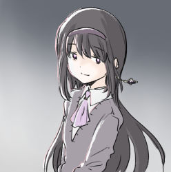 Rule 34 | 1girl, akemi homura, alternate costume, black hair, blouse, collared shirt, commentary, dot nose, dress shirt, earrings, empty eyes, gradient background, grey background, grey sweater, hair between eyes, hair ornament, hairband, jewelry, jitome, long hair, long sleeves, looking at viewer, mahou shoujo madoka magica, neckerchief, purple eyes, purple hairband, purple neckerchief, python octopus, shirt, sidelocks, smile, solo, soul gem, sweater, tired, upper body, v-neck, very long hair, white background, white shirt, wing collar