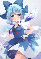 Rule 34 | 1girl, blue bow, blue dress, blue eyes, blue hair, blush, bow, cirno, collared shirt, dress, fairy, grin, hair between eyes, hair bow, highres, ice, ice wings, looking at viewer, miy@, puffy short sleeves, puffy sleeves, shirt, short hair, short sleeves, smile, snowflakes, solo, touhou, white shirt, wings