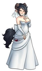 Rule 34 | 1girl, bare shoulders, black hair, blush, bottle, breasts, bridal gauntlets, bridal veil, bride, choker, cleavage, collarbone, dress, elbow gloves, gloves, goat horns, green eyes, hand on own chest, highres, horns, large breasts, long dress, looking at viewer, monorus, monster girl, monster girl encyclopedia, pointy ears, satyros (monster girl encyclopedia), short hair, simple background, smile, solo, tail, veil, wedding dress, white background, white choker, white dress, white gloves, wine bottle