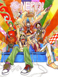 Rule 34 | 5boys, barefoot, black hair, blonde hair, blue hair, blue upholstery, copyright name, couch, franky (one piece), green hair, guitar, hat, instrument, jewelry, crossed legs, male focus, marker (medium), microphone, monkey d. luffy, multiple boys, one piece, reindeer, ring, roronoa zoro, sanji (one piece), sitting, smile, standing, straw hat, tambourine, tony tony chopper, traditional media, usopp