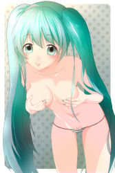 Rule 34 | 00s, 1girl, aqua eyes, aqua hair, aqua nails, artist request, blush, breasts, closed mouth, covering breasts, covering privates, fingernails, hatsune miku, leaning forward, long hair, looking at viewer, matching hair/eyes, medium breasts, nail polish, navel, panties, solo, standing, striped clothes, striped panties, tongue, tongue out, topless, twintails, underwear, vocaloid