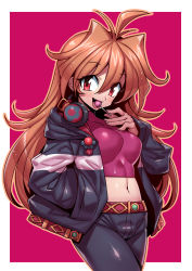 Rule 34 | 1girl, belt, breasts, candy, denim, food, hands in pockets, headphones, highres, holding, holding candy, holding food, holding lollipop, jeans, lina inverse, lollipop, long hair, looking at viewer, navel, open mouth, orange hair, pants, red eyes, slayers, smile, solo, tukiwani