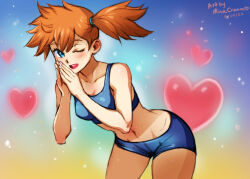 Rule 34 | 1girl, bare arms, bike shorts, blue eyes, blush, breasts, cleavage, commentary, cowboy shot, creatures (company), dated, eyelashes, game freak, hands up, heart, leaning forward, medium breasts, mina cream, misty (pokemon), navel, nintendo, one eye closed, open mouth, orange hair, own hands together, pokemon, pokemon frlg, short hair, side ponytail, signature, smile, solo, sports bra, teeth, tongue, upper teeth only