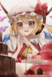 Rule 34 | 1girl, absurdres, ascot, blonde hair, blush, cake, collared shirt, crystal, drooling, flandre scarlet, food, hair between eyes, hat, highres, long hair, mob cap, mouth drool, open mouth, puffy short sleeves, puffy sleeves, red eyes, red vest, shirt, short sleeves, side ponytail, smile, solo, touhou, vest, wheat retzel, white hat, white shirt, wings, yellow ascot