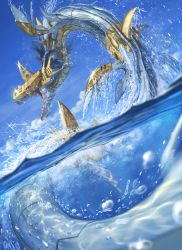 Rule 34 | cloud, commentary request, day, digimon, digimon (creature), highres, metalseadramon, no humans, open mouth, outdoors, partially submerged, partially underwater shot, sharp teeth, sky, solo, spareribs, sparkle, teeth, underwater, water, water drop