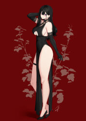 Rule 34 | 1girl, arm strap, armpit crease, bare legs, bare shoulders, black dress, black footwear, black gloves, black hair, blush, breasts, center opening, cleavage, commentary request, dress, earrings, elbow gloves, full body, gloves, hair between eyes, hand on own head, hayabusa (vert 320), high heels, highres, jewelry, large breasts, long dress, long hair, looking at viewer, mole, mole under eye, mole under mouth, original, pelvic curtain, purple eyes, red background, ribbon, sideboob, signature, skindentation, smile, solo, thigh strap, turtleneck, turtleneck dress, yellow ribbon