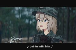 Rule 34 | 1girl, accordion, artist name, blue eyes, blurry, blurry background, chinese commentary, commentary, commentary request, day, depth of field, eighth note, english commentary, field cap, german text, girls und panzer, grey hat, hat, holding, holding instrument, instrument, itsumi erika, letterboxed, looking to the side, medium hair, military, military hat, military uniform, mixed-language commentary, musical note, open mouth, outdoors, persian lessons, qian, signature, silver hair, smile, solo, ss insignia, translated, uniform
