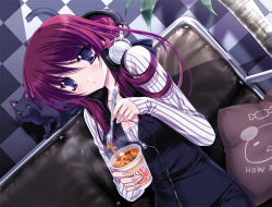 Rule 34 | 1girl, blue eyes, blush, brand name imitation, breasts, cable, cat, cleavage, cushion, dutch angle, food, fork, headphones, headphones around neck, holding, holding fork, kamaboko, long hair, looking at viewer, medium breasts, narutomaki, nissin cup noodle, original, purple eyes, red hair, ryuuga shou, sitting, sleeves past wrists, solo, unzipped