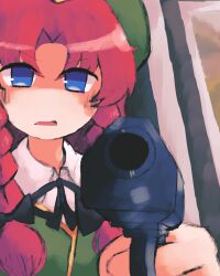 Rule 34 | 1girl, absurdres, aiming, aiming at viewer, beret, blue eyes, braid, collared shirt, commentary, green hat, green vest, gun, hand up, hat, highres, holding, holding gun, holding weapon, hong meiling, iesonatana, long hair, looking at viewer, open mouth, pointing gun, red hair, shirt, solo, touhou, twin braids, upper body, v-shaped eyebrows, vest, weapon, white shirt