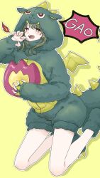 Rule 34 | 1girl, bare legs, dinosaur costume, fangs, gao, green eyes, green hair, highres, hood, hood up, idolmaster, idolmaster shiny colors, legs folded, looking at viewer, nanakusa nichika, ne mu ko05, official alternate costume, outline, paw pose, paw shoes, simple background, solo, white outline, wings