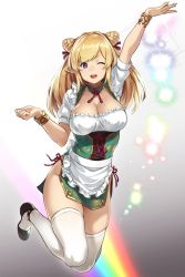 Rule 34 | &gt;;d, 1girl, ;d, apron, arm up, black footwear, blonde hair, bracelet, breasts, china dress, chinese clothes, cleavage, collarbone, cone hair bun, double bun, dress, elf, full body, groin, hair bun, highres, houtengeki, jewelry, jumping, large breasts, long hair, looking at viewer, one eye closed, open mouth, original, pelvic curtain, pointy ears, puffy short sleeves, puffy sleeves, purple eyes, rainbow, shoes, short dress, short sleeves, sidelocks, smile, solo, thighhighs, v-shaped eyebrows, waist apron, white thighhighs