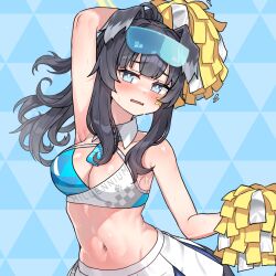 Rule 34 | 1girl, animal ears, argyle, argyle background, argyle clothes, arm up, armpits, bare shoulders, black hair, blue archive, blue background, blue eyes, blush, breasts, cheerleader, cleavage, cowboy shot, crop top, dog ears, dog girl, dog tail, dorymin, embarrassed, eyewear on head, goggles, goggles on head, halo, hibiki (blue archive), hibiki (cheer squad) (blue archive), highres, holding, holding pom poms, long hair, looking at viewer, medium breasts, midriff, millennium cheerleader outfit (blue archive), miniskirt, multicolored hair, navel, open mouth, pleated skirt, pom pom (cheerleading), pom poms, skirt, sleeveless, solo, sticker on face, sweat, tail, upper body, white skirt