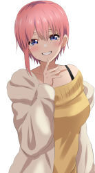 Rule 34 | 1girl, asymmetrical hair, blue eyes, blush, collarbone, dars (recolors), earrings, go-toubun no hanayome, grin, hair between eyes, highres, jewelry, long sleeves, looking at viewer, nakano ichika, off-shoulder sweater, off shoulder, pink hair, short hair, simple background, smile, solo, sweater, upper body, white background, yellow sweater