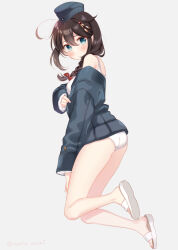 Rule 34 | 1girl, ahoge, ass, bare legs, blue eyes, blush, braid, brown hair, from side, hair flaps, hair ornament, hair over shoulder, hairpin, highres, kantai collection, long sleeves, looking at viewer, naoto (tulip), sandals, shigure (kancolle), shigure kai ni (kancolle), simple background, single braid, thighs, white swimsuit