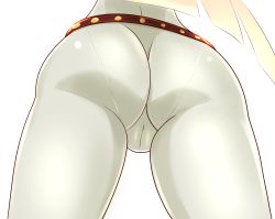 Rule 34 | 1girl, arc system works, ass, ass focus, belt, belt skirt, blonde hair, bodysuit, cameltoe, cleft of venus, close-up, from behind, from below, guilty gear, guilty gear xrd, head out of frame, highres, jack-o&#039; valentine, long hair, lower body, pants, pantylines, shiny clothes, simple background, skin tight, solo, studded belt, superboin, thigh gap, tight clothes, tight pants, very long hair, view between legs, white hair