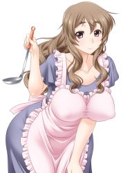 Rule 34 | 1girl, apron, bad id, bad pixiv id, breasts, brown hair, eyebrows, ladle, large breasts, leaning forward, light smile, looking at viewer, maeda r44, original, solo, transparent background, white background, wide hips