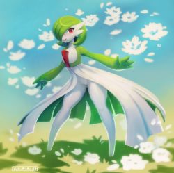 Rule 34 | 1girl, :3, absurdres, artist name, blue sky, blush, bob cut, colored skin, creatures (company), day, female focus, flat chest, flower, full body, game freak, gardevoir, gen 3 pokemon, gluteal fold, grass, green hair, green skin, hair over one eye, happy, highres, legs, legs apart, light blush, looking at viewer, multicolored skin, nintendo, nose blush, one eye covered, open mouth, outdoors, outstretched arm, petals, pokemon, pokemon (creature), red eyes, shiny skin, short hair, signature, sky, smile, solo, standing, two-tone skin, waspsalad, white flower, white skin, wide hips