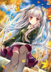 Rule 34 | 1girl, blurry, bow, breasts, casual, depth of field, hair bow, hair ornament, hair ribbon, leaf, long hair, long sleeves, looking at viewer, original, red eyes, ribbon, riichu, shirt, silver hair, sitting, smile, solo, striped clothes, striped shirt, swing, thighhighs, two side up, wind