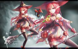 Rule 34 | 00s, 1girl, bare shoulders, cat, detached sleeves, dungeon and fighter, hat, long hair, mage (dungeon and fighter), pointy ears, red eyes, red hair, staff, thighhighs, wangchuan de quanyan, witch (dungeon and fighter), witch hat, zoom layer