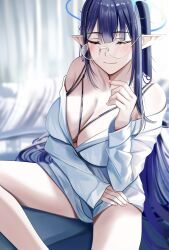 Rule 34 | 1girl, absurdres, bare legs, bare shoulders, blue archive, blue hair, blush, breasts, cleavage, closed mouth, crooked eyewear, crooked eyewear, feet out of frame, fingernails, glasses, halo, highres, large breasts, light smile, long hair, long sleeves, nail polish, nicky w, pointy ears, rin (blue archive), round eyewear, shirt, sitting, solo, straight hair, very long hair, white shirt