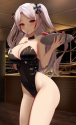 Rule 34 | 1girl, absurdres, animal ears, azur lane, bar (place), bare shoulders, black leotard, bow, bowtie, breasts, cleavage, contrapposto, cowboy shot, cross, cross hair ornament, detached collar, fake animal ears, finger to mouth, grey hair, hair between eyes, hair ornament, hand up, highleg, highleg leotard, highres, holding, holding tray, iron cross, large breasts, legs together, leotard, long hair, looking at viewer, multicolored hair, playboy bunny, prinz eugen (azur lane), rabbit ears, red hair, sex toy, short hair, skindentation, sleeveless, solo, standing, strapless, strapless leotard, tray, two side up, yuuraku yuraku