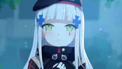 Rule 34 | 1girl, absurdres, beret, blunt bangs, blurry, cross hair ornament, depth of field, facial mark, girls&#039; frontline, gloves, green eyes, hair ornament, hat, highres, hk416 (girls&#039; frontline), jacket, long hair, military jacket, parted lips, solo, teardrop tattoo, upper body, white gloves, white hair, wo you yibei jia wanli