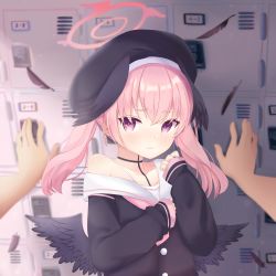 Rule 34 | 1girl, absurdres, arashiomoto, beret, blue archive, blush, collarbone, commentary, feathers, halo, hat, head wings, highres, kabedon, koharu (blue archive), locker, looking at viewer, pink hair, portrait, school uniform, solo, twintails, winged hat, wings