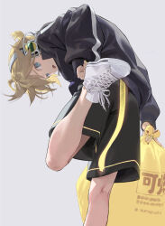 Rule 34 | 1boy, black jacket, black shorts, blonde hair, blue eyes, from behind, from below, grey background, highres, jacket, kagamine len, looking at viewer, naoko (naonocoto), shoes, shorts, sneakers, solo, sportswear, standing, standing on one leg, track jacket, vocaloid, white footwear