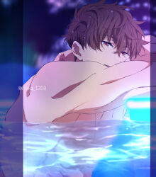 Rule 34 | 1boy, blurry, blurry background, brown hair, commentary request, free!, highres, kirishima natsuya, male focus, muscular, nijika (key 628194), open mouth, partial commentary, pool, short hair, solo, topless male, twitter username, upper body, water