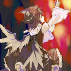 Rule 34 | 1girl, dress, closed eyes, female focus, hat, music, mystia lorelei, open mouth, outstretched arms, outstretched hand, profile, reaching, sape (saperon black), short hair, singing, sketch, solo, touhou, wide sleeves, wings